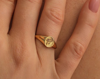 Birth Flower Signet Ring, Pinky Ring, 14K Gold Filled Ring, Custom Flower Ring, Minimalist Jewelry, Gifts for Her, QA47