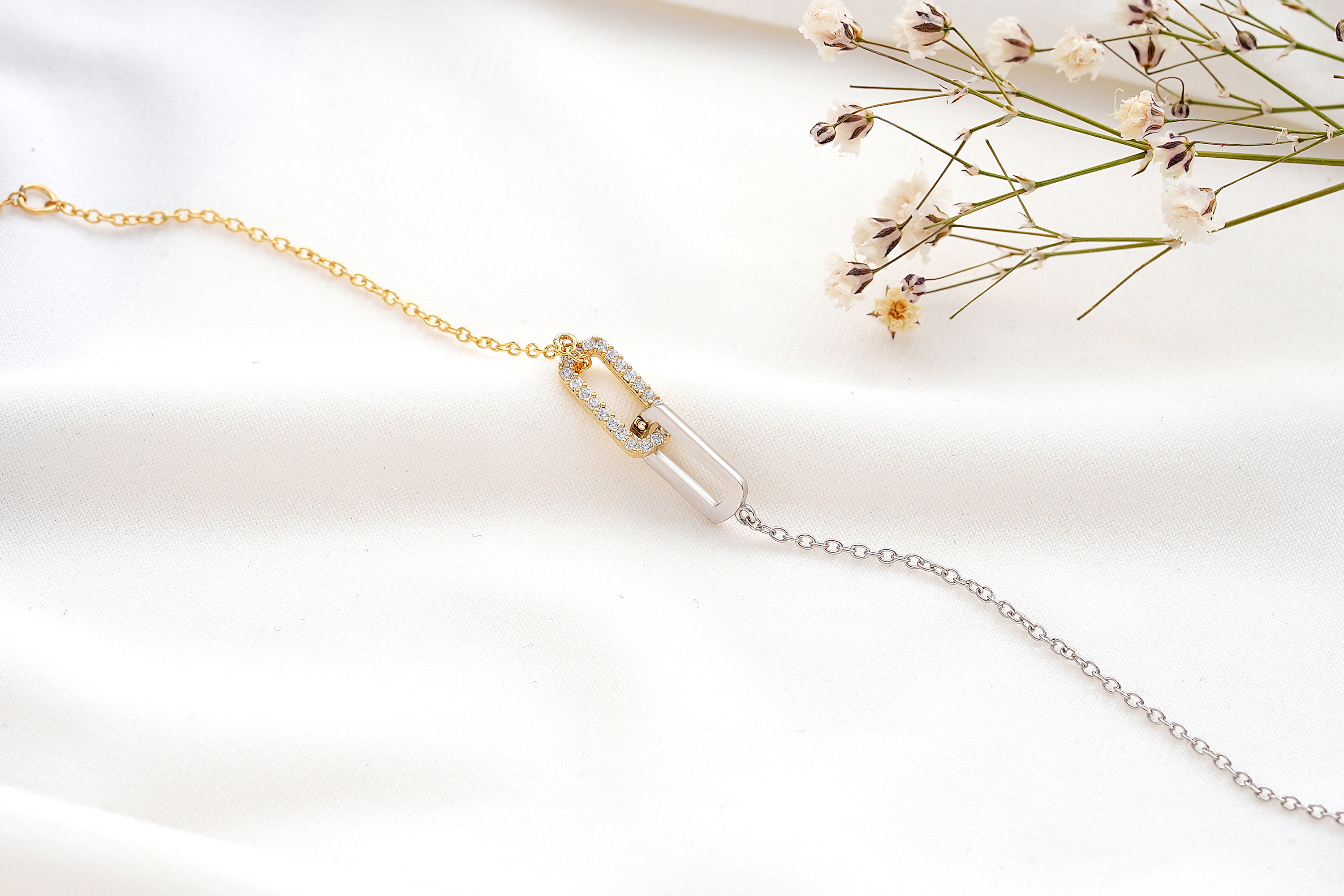 14K Gold and Silver Pave Linked Bracelet, Paperclip Chain 14K Gold and Silver Pave Linked Bracelet, Paperclip Chain