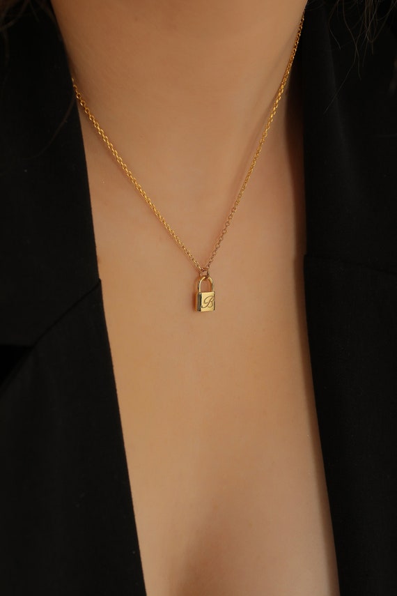 14K Gold Padlock Initial Necklace