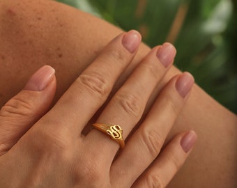 14K Gold Old English Initial Ring, Personalized Letter Ring, Initial Ring Gothic, Statement Ring, Bridesmaid Jewelry, Birthday Gift, QA70