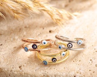 Evil Eye Ring, Adjustable 14K Gold Evil Eye Ring, Dainty Stackable Ring, Handmade Jewelry, Birthday Gift, Gift for Her, HX01