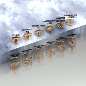 May include: Twelve gold rings with different colored gemstones and flower designs. Each ring is associated with a month and birthstone. The rings are arranged in a row on a white marble surface.