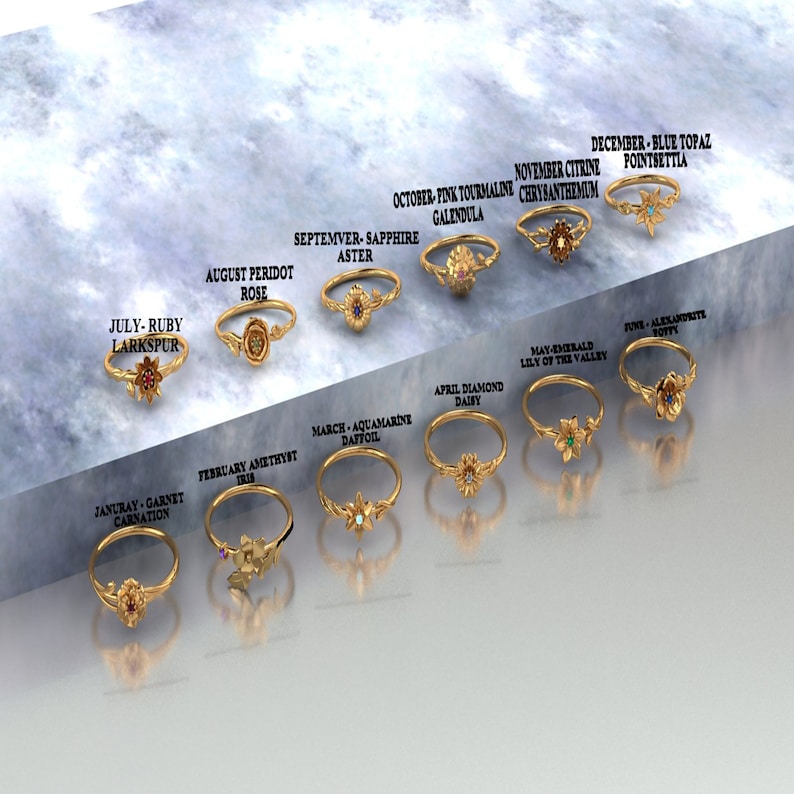 May include: Twelve gold rings with different colored gemstones and flower designs. Each ring is associated with a month and birthstone. The rings are arranged in a row on a white marble surface.