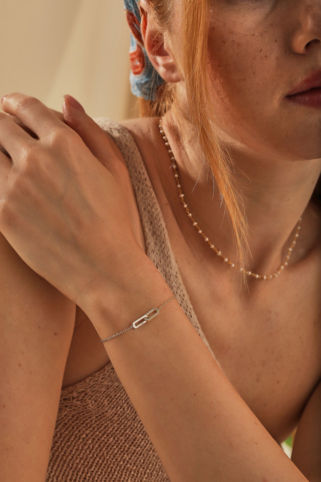 14K Gold and Silver Pave Linked Bracelet, Paperclip Chain 14K Gold and Silver Pave Linked Bracelet, Paperclip Chain
