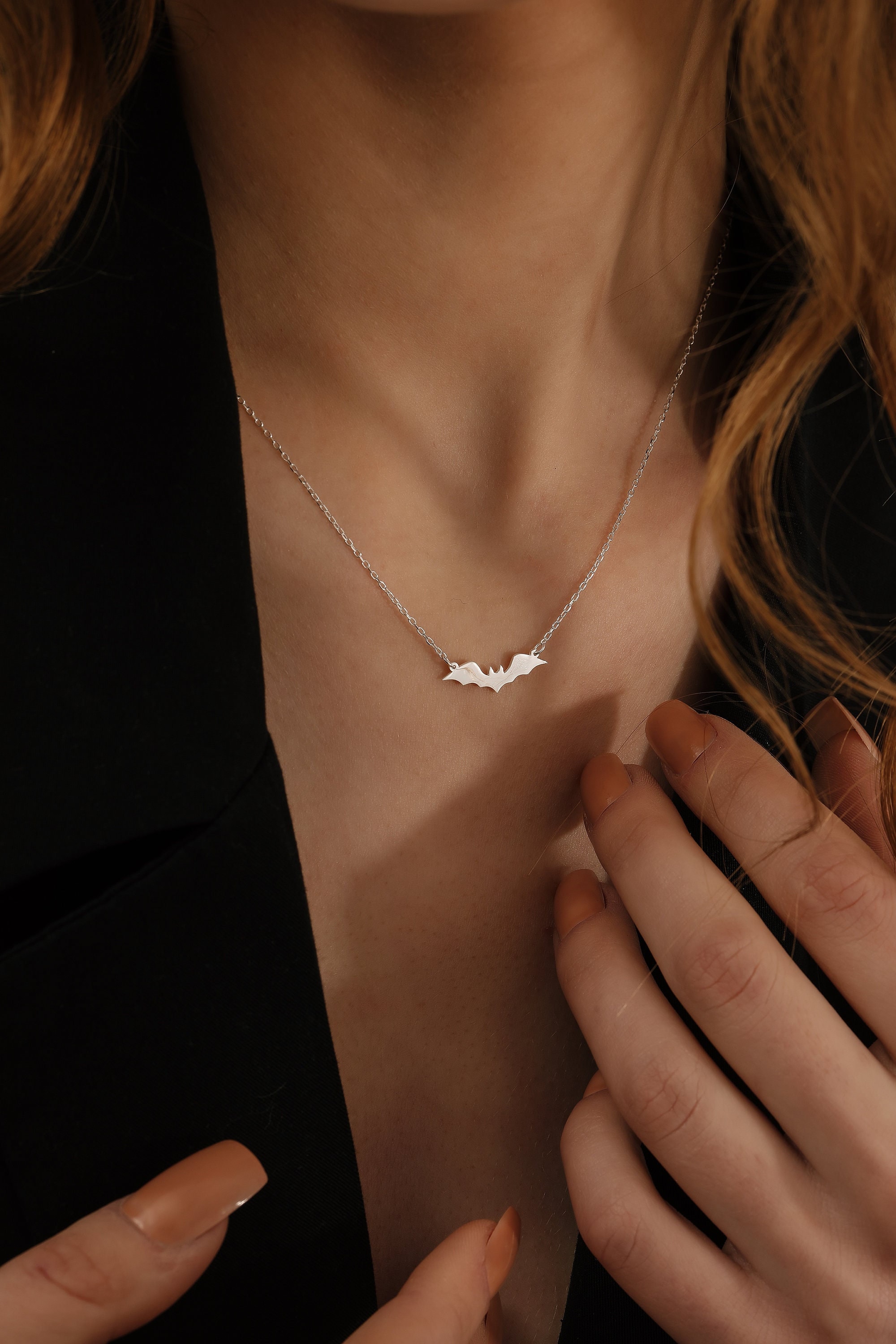 Sterling Silver Minimalist Bat Necklace, Halloween Jewelry, Tiny Bat Pendant, Dainty Necklace, Gift for Her, Gift for Friend, QA45