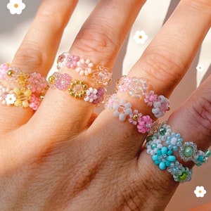 keari - colorful pearl ring with daisies, always unique, pearl jewelry, Miyuki/glass beads & faceted beads