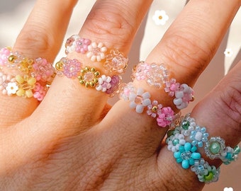 keari - colorful pearl ring with daisies, always unique, pearl jewelry, Miyuki/glass beads & faceted beads