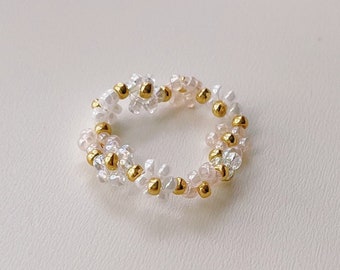 keari - POPPY daisy pearl ring, transparent/champagne/pale pink, pearl jewelry, Miyuki/glass beads