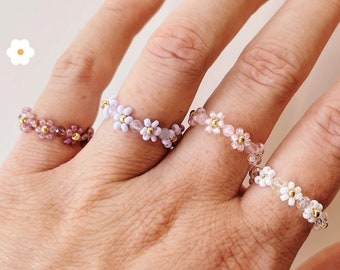 keari - pearl ring with facet beads and daisies, white, mint, pink, aubergine, pearl jewelry, Miyuki/glass beads