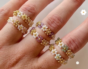 keari - MAGGIE pearl ring, gold/champagne and color of your choice, daisies, pearl jewellery, Miyuki/glass pearls