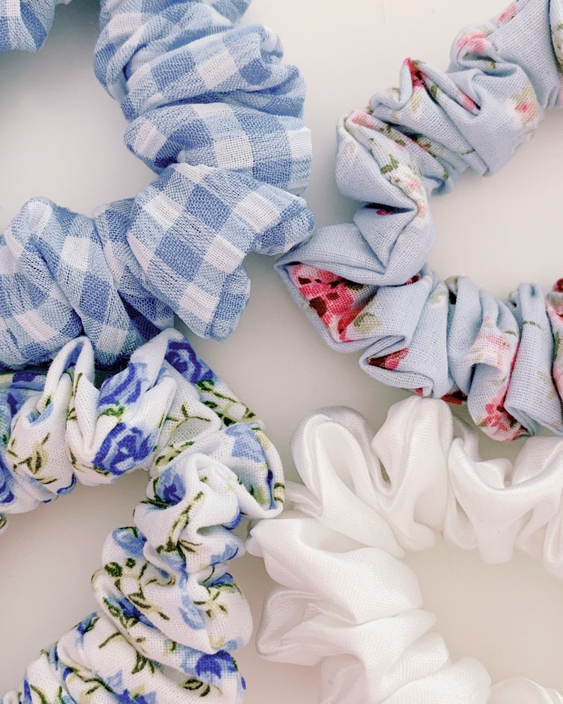 keari hand-sewn mini scrunchies, blue, white, checked, floral, cable tie, hair tie, invisible seams image 1