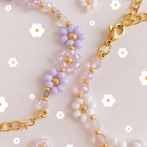 keari - ROSIE bracelet pink/purple with gold, daisy bead jewelry, with stainless steel extension, Miyuki/facet beads