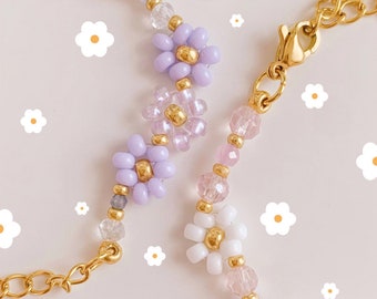 keari - ROSIE bracelet pink/purple with gold, daisy bead jewelry, with stainless steel extension, Miyuki/facet beads