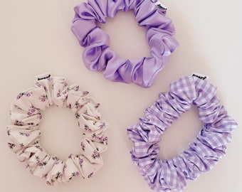 keari - hand-sewn midi scrunchies, purple, checked, floral, cable tie, hair tie, invisible seams