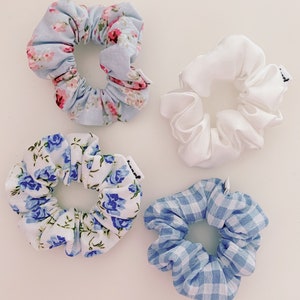 keari hand-sewn mini scrunchies, blue, white, checked, floral, cable tie, hair tie, invisible seams image 2