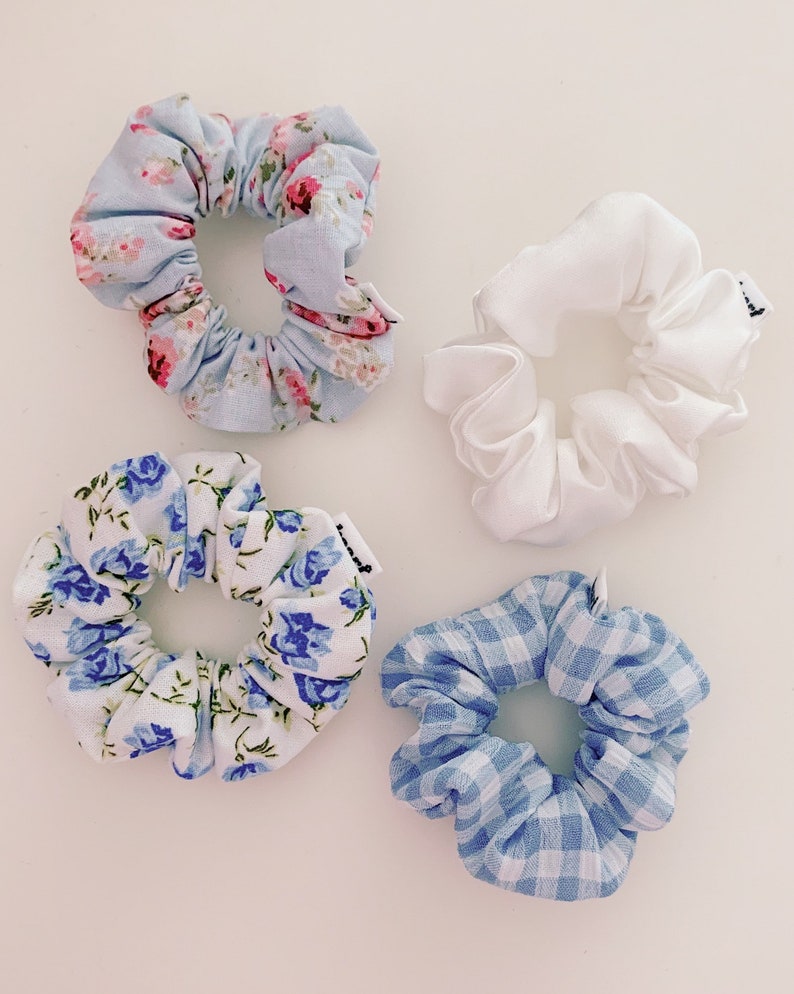 keari hand-sewn mini scrunchies, blue, white, checked, floral, cable tie, hair tie, invisible seams image 2