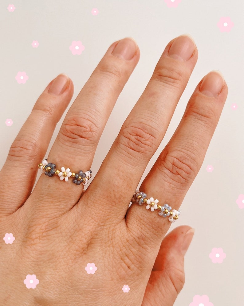 keari POPPY daisy pearl ring, white/gold/multicolored, pearl jewelry, Miyuki/glass beads image 3