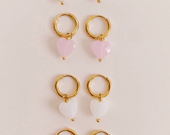 keari - LOVIE hoop earrings in gold or silver with heart pendant in white or pink, stainless steel, allergy-friendly