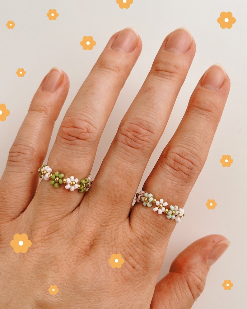 keari POPPY daisy pearl ring, white/gold/multicolored, pearl jewelry, Miyuki/glass beads image 4