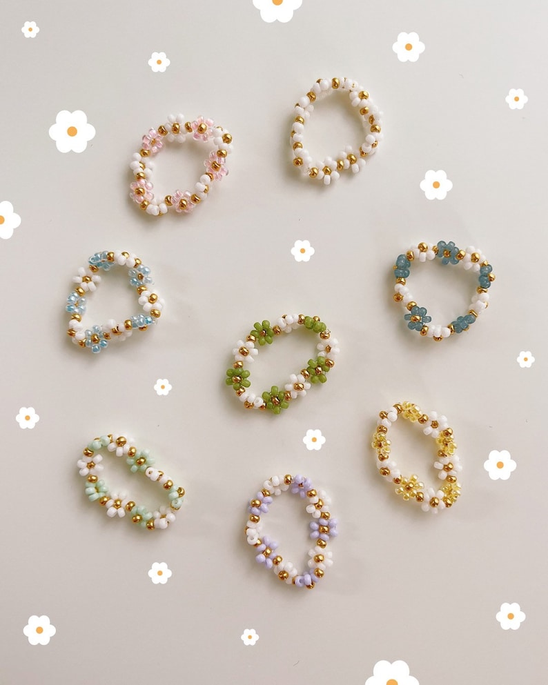 keari POPPY daisy pearl ring, white/gold/multicolored, pearl jewelry, Miyuki/glass beads image 7