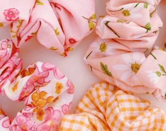 keari - hand-sewn mini scrunchies, pink, checked, floral, cable tie, hair tie, invisible seams