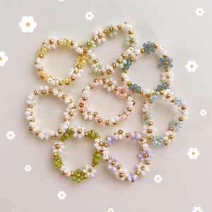 keari - POPPY daisy pearl ring, white/gold/multicolored, pearl jewelry, Miyuki/glass beads