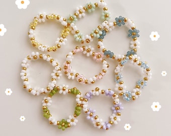 keari - POPPY daisy pearl ring, white/gold/multicolored, pearl jewelry, Miyuki/glass beads