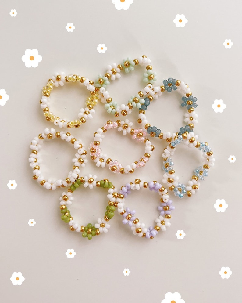 keari POPPY daisy pearl ring, white/gold/multicolored, pearl jewelry, Miyuki/glass beads image 1