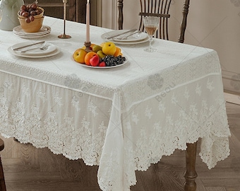 Rectangular Lace Tablecloth, French Vintage Tablecloth, Rectangular Wedding Decorative Tablecloth