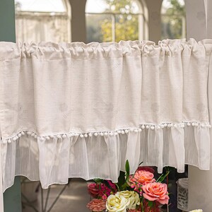 White Pompom Kitchen Curtain, Farmhouse Short Curtain, Romantic Cabinet Valance