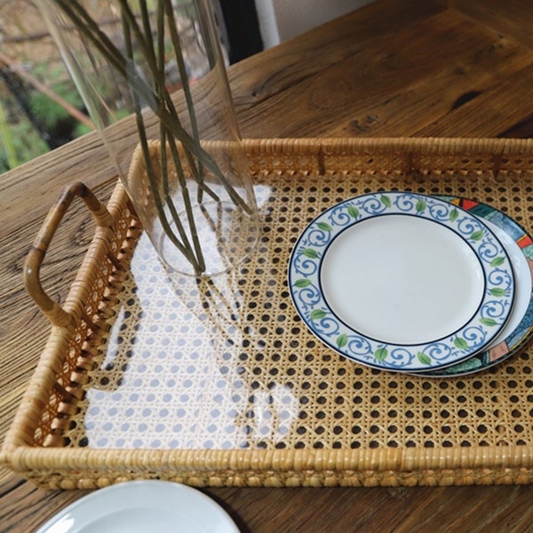 Handmade Woven Rattan Tray, Multipurpose Storage Organizer for Desk and Coffee Table