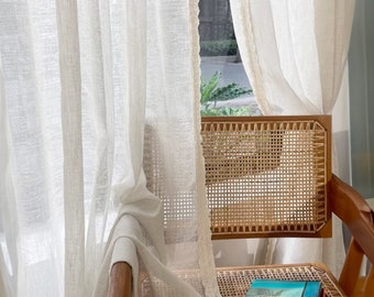 Linen-like Lace Trimmed Curtain, French Vintage Floor-length Window Treatment,  Semi Sheer Bedroom Curtain