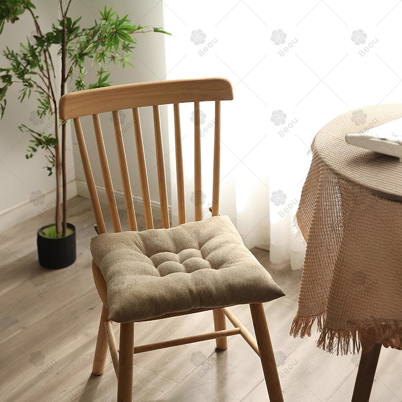 Tied Dining Chair Cushion, Comfortable Kitchen Chair Pad, Custom Linen and Cotton Seat Cushion image 2