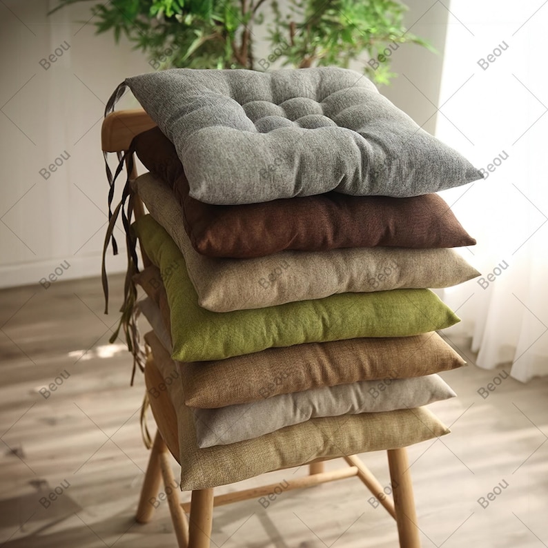 Tied Dining Chair Cushion, Comfortable Kitchen Chair Pad, Custom Linen and Cotton Seat Cushion image 1