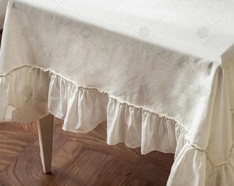 Elegant Vintage Linen and cotton Tablecloth with Ruffle Edge, Coffee Table Cover, White Dining Tablecloth for Square/ Round Table