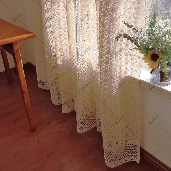 Vintage Crochet Curtain, Custom Beige Long Curtain for Living Room, Distressed Chic Curtain Panel