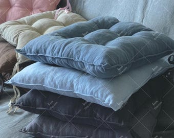 Solid Color Linen Seat Cushion, Thick Comfortable Chair Pad With Ties,Square Chair Mat