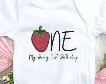 Camiseta de primer cumpleaños con diseño de bayas, mono de primer cumpleaños, cumpleaños de fresa, atuendo de cumpleaños de verano con frutas, atuendo de cumpleaños para niña