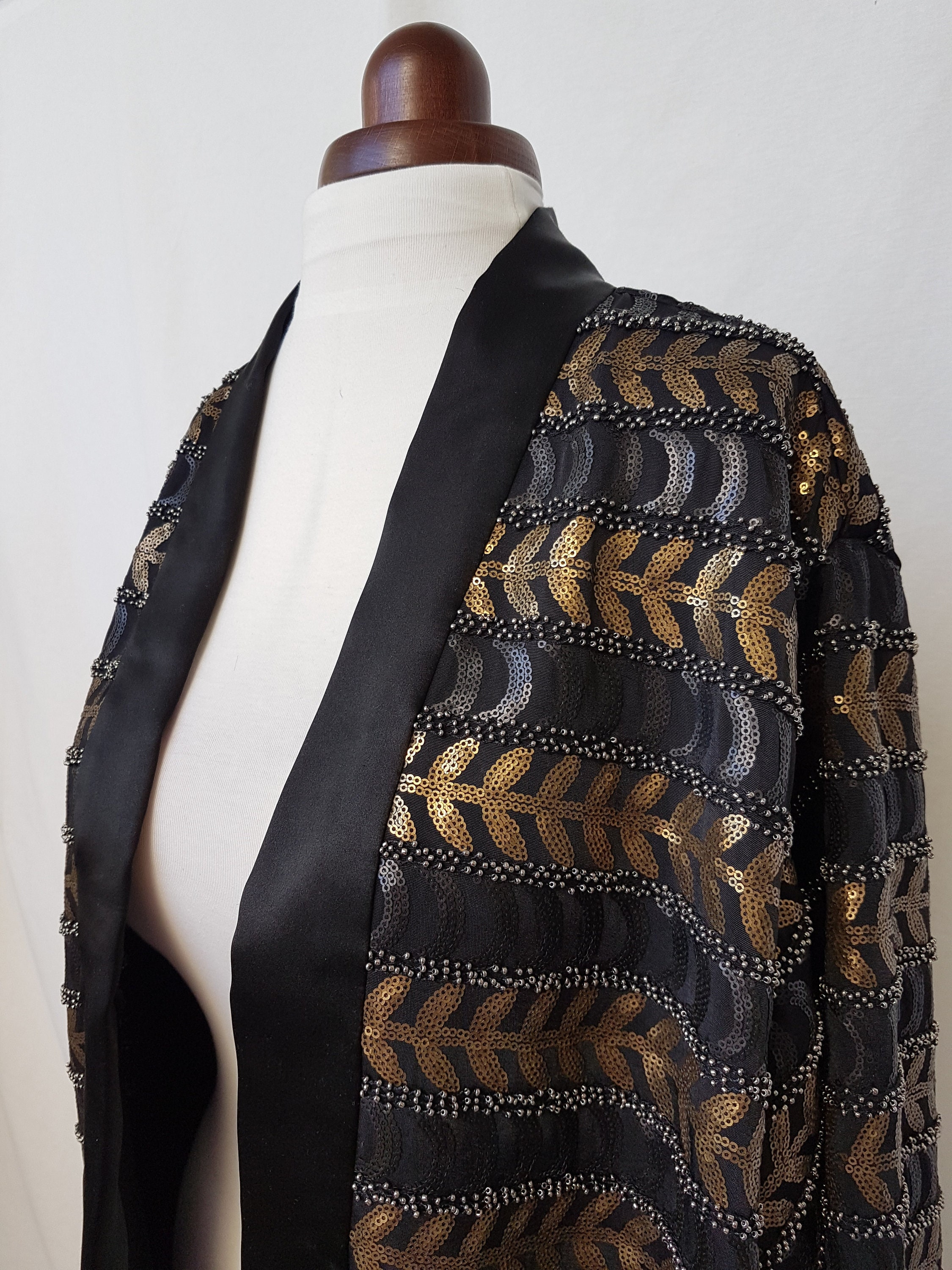 Beaded, sequined, black & gold kimono evening jacket, silk and synthetic