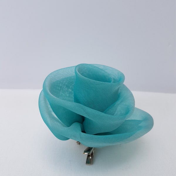 Medium baltic blue green silk organza Rose hair clip/pin brooch accessory for evenings, weddings, parties