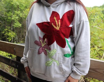 Upcycled Floral Applique Hoodie – Cozy Pink Red Flower Sweatshirt