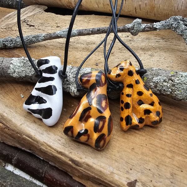 Kazuri animal pendant necklace, zebra, leopard and cheetah necklaces, handmade animal pendants, leather necklaces, boho pendant