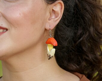 Emperor mushroom earrings with handmade woodworking, Ethnic earrings, mushroom jewelry, boho earrings, mushroom lovers gift