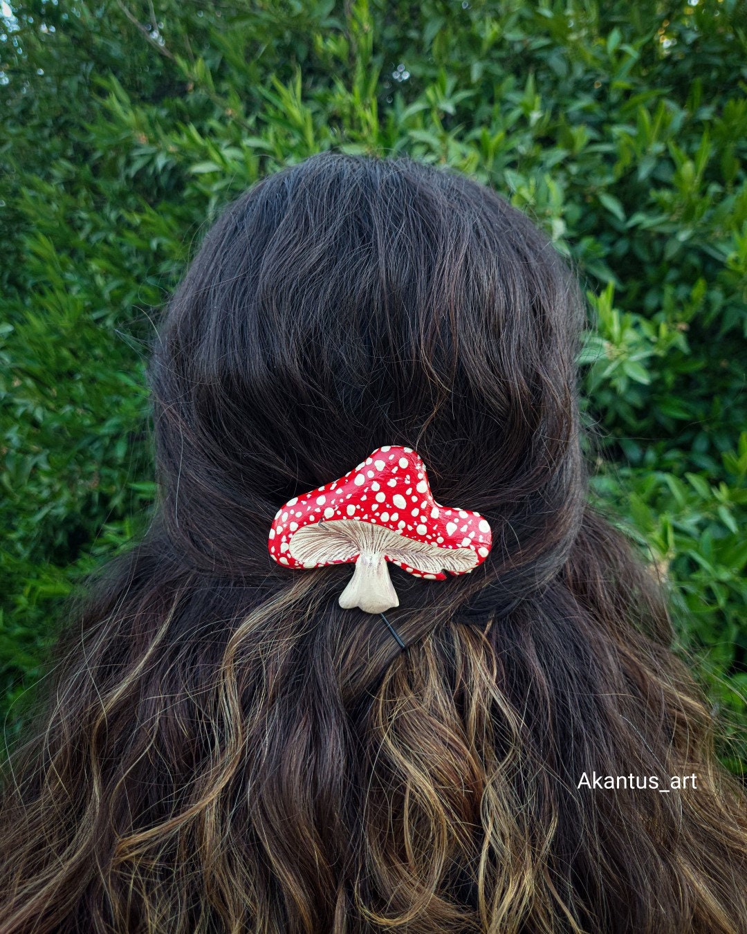 Handmade Wood Carved Amanita Mushroom Hair Clip: Beech Wood Brooch