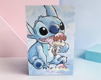Stitch Wall Art Canvas | Cute Stitch Eating Ice Cream Print | Blue Alien Nursery Decor | Cartoon Character Art | Kids Room Wall Decor Disney