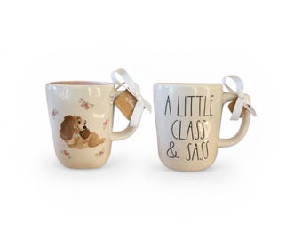 Rae Dunn Disney Lady the tramp puppy dog love Coffee Mug | White Ceramic Cup with Character Art