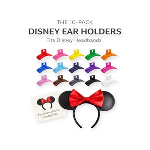 May include: A set of ten colorful Disney ear holders in various colors, including red, pink, yellow, green, blue, and purple. The image also shows a Minnie Mouse ear headband with a red bow and a card that says "Fits Disney Parks Headbands."