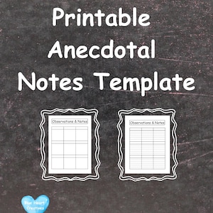 Puede incluir: Plantilla imprimible de notas anecdóticas sobre un fondo oscuro. El texto "Printable Anecdotal Notes Template" es blanco. Dos plantillas enmarcadas en blanco están debajo. Un corazón azul con texto está en la esquina inferior izquierda.