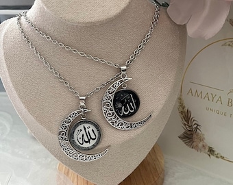Pendentif collier Allah avec croissant de lune | Bijoux islamiques | Cadeaux musulmans islamiques | Idées cadeaux de l'Aïd |