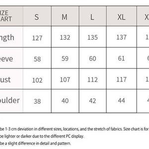May include: Size chart for clothing with measurements in inches for length, sleeve, bust, and shoulder. Sizes include S, M, L, XL, and XXL.